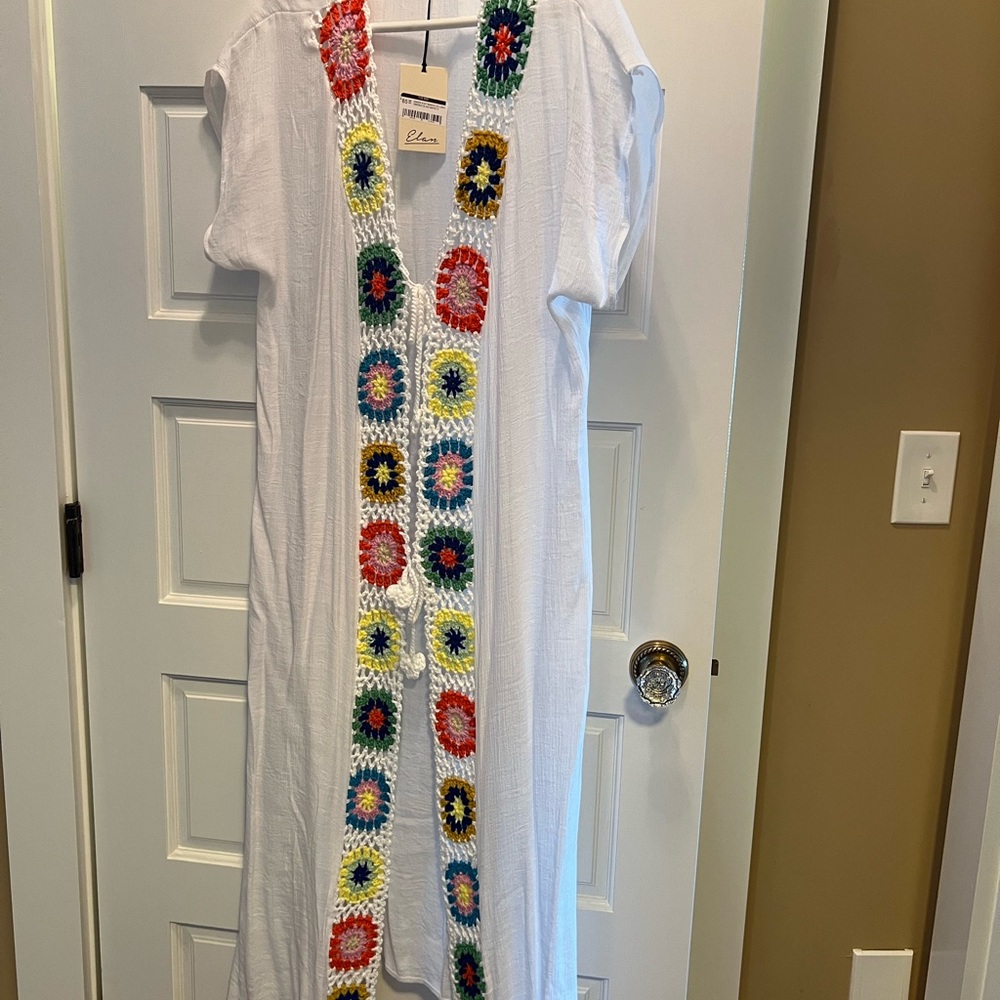 Elan White Coverup with Multicolor Crochet Accents